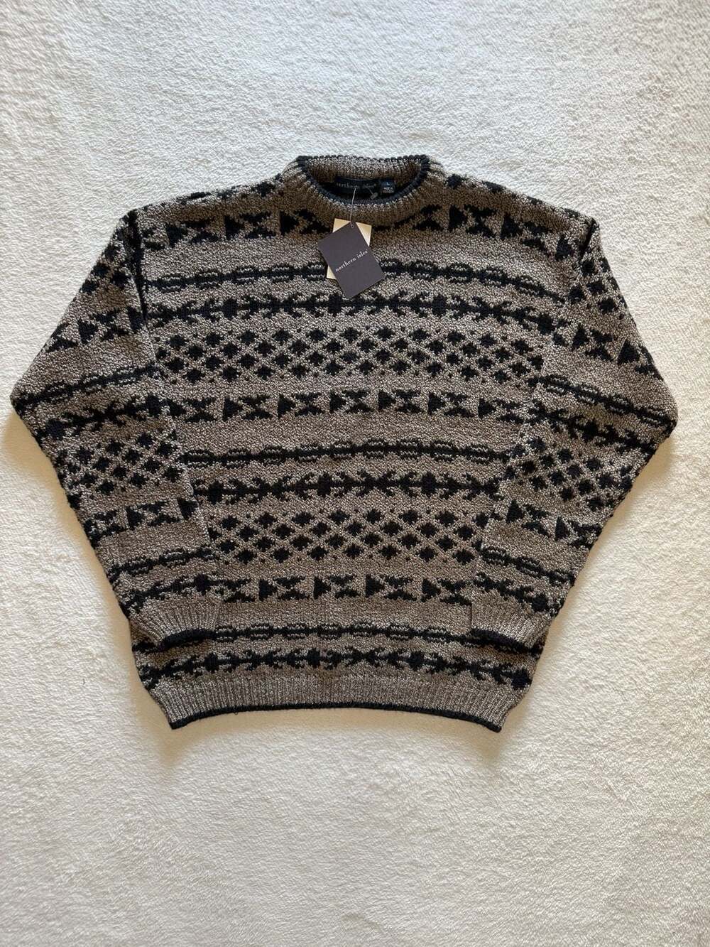 NWT Northern Isles Fair Isle Geometric Crewneck Sweater Cappuccino Brown Men's L